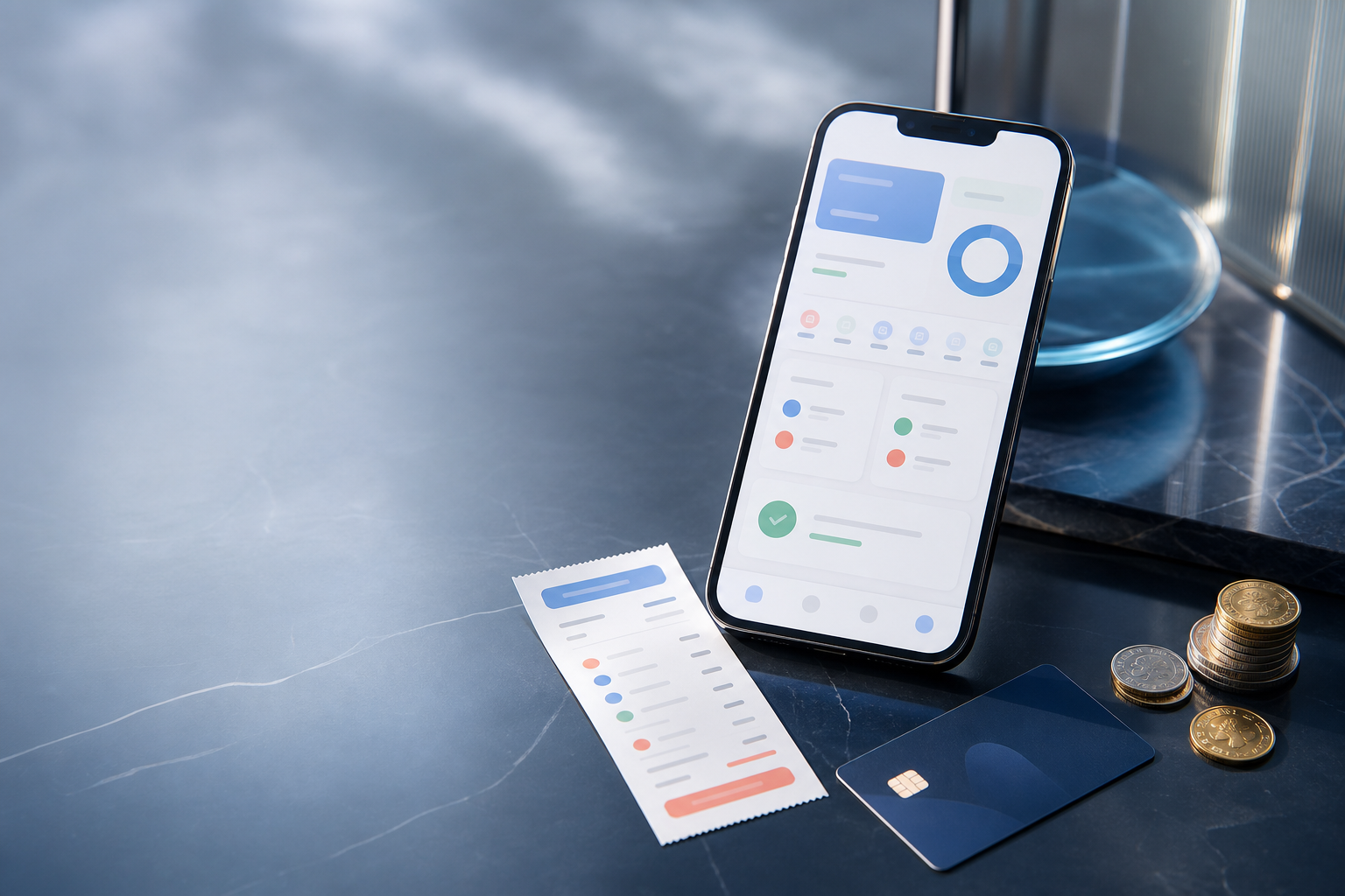 A premium finance app scene with a phone, receipt, payment card, and coins